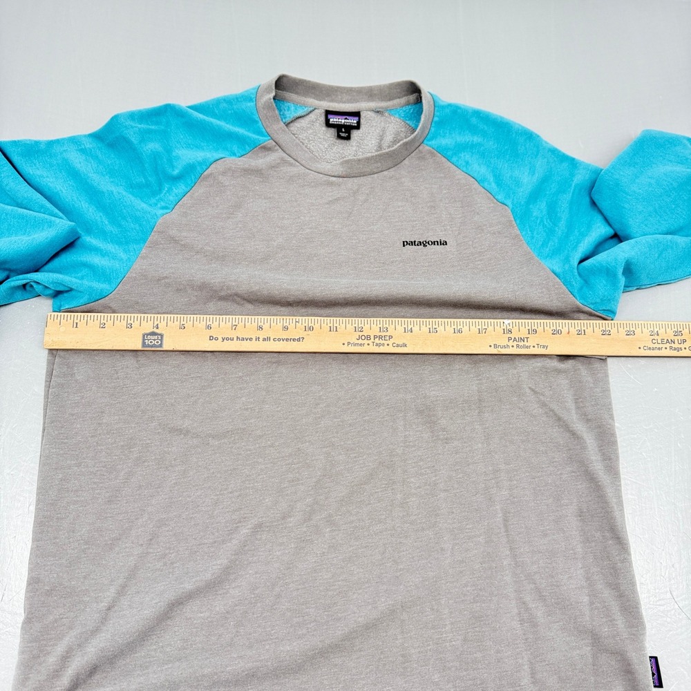 Patagonia Mens Grey Turquoise Blue Raglan Logo Crewneck Sweatshirt Large L - Picture 6 of 8